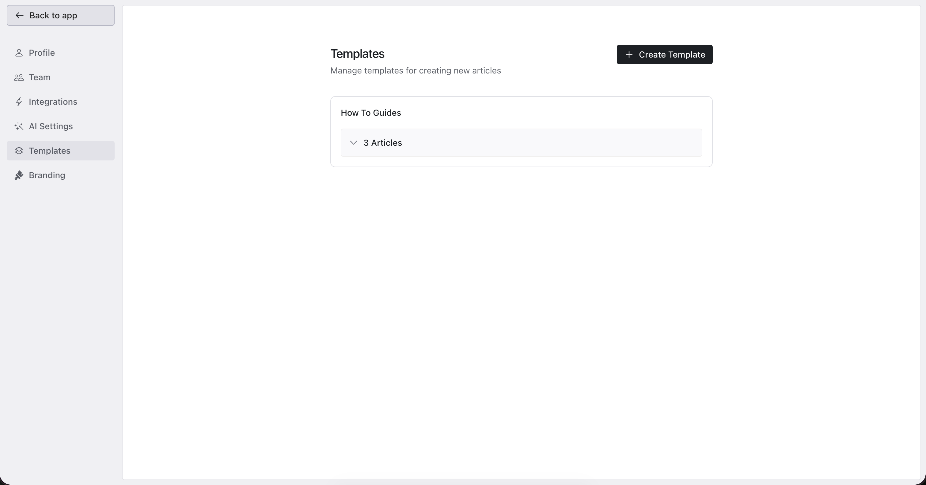 Pageloop Settings page showing the Templates section in the sidebar, with an existing template and the Create Template button