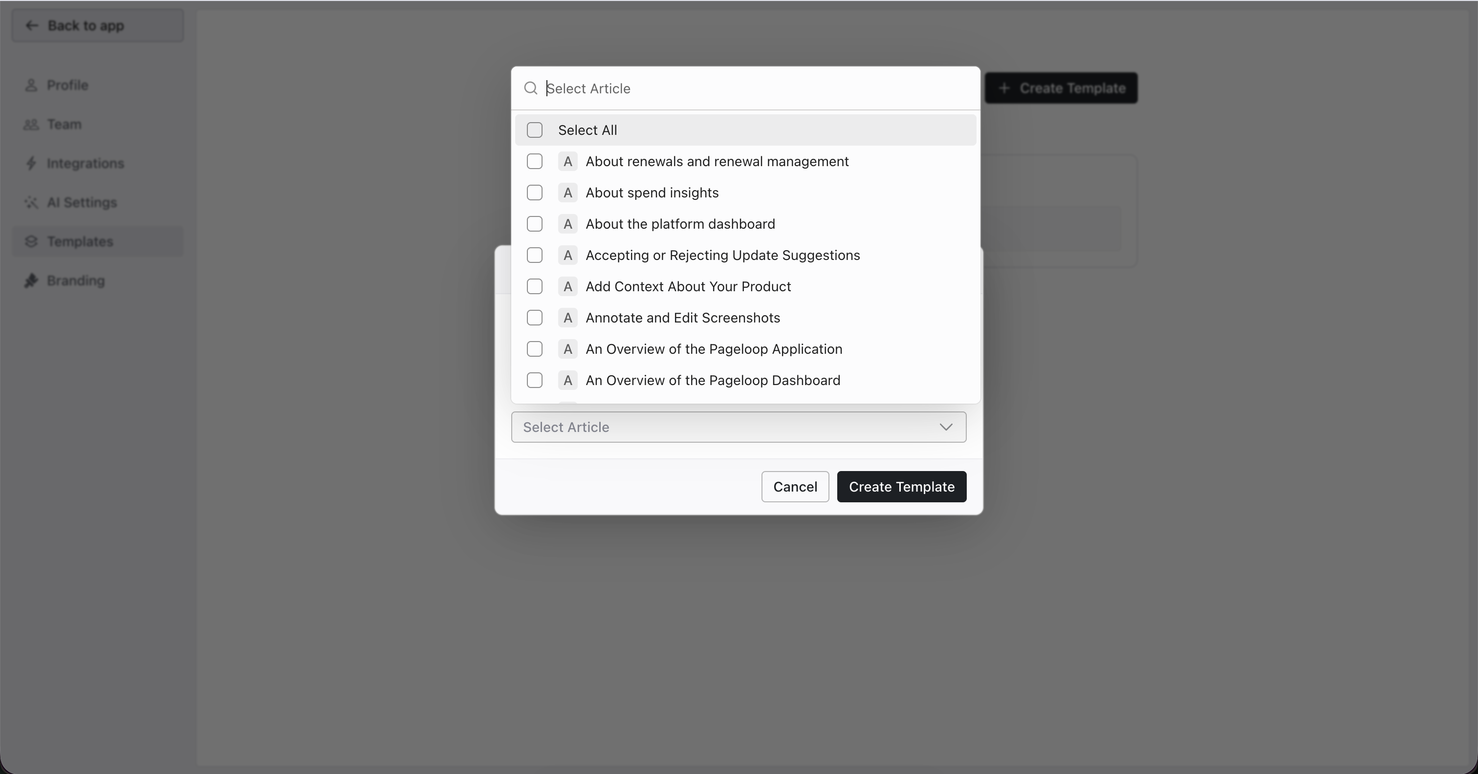 Create Template dialog with a template name field and an article selection dropdown showing a searchable list of Help Center articles with checkboxes