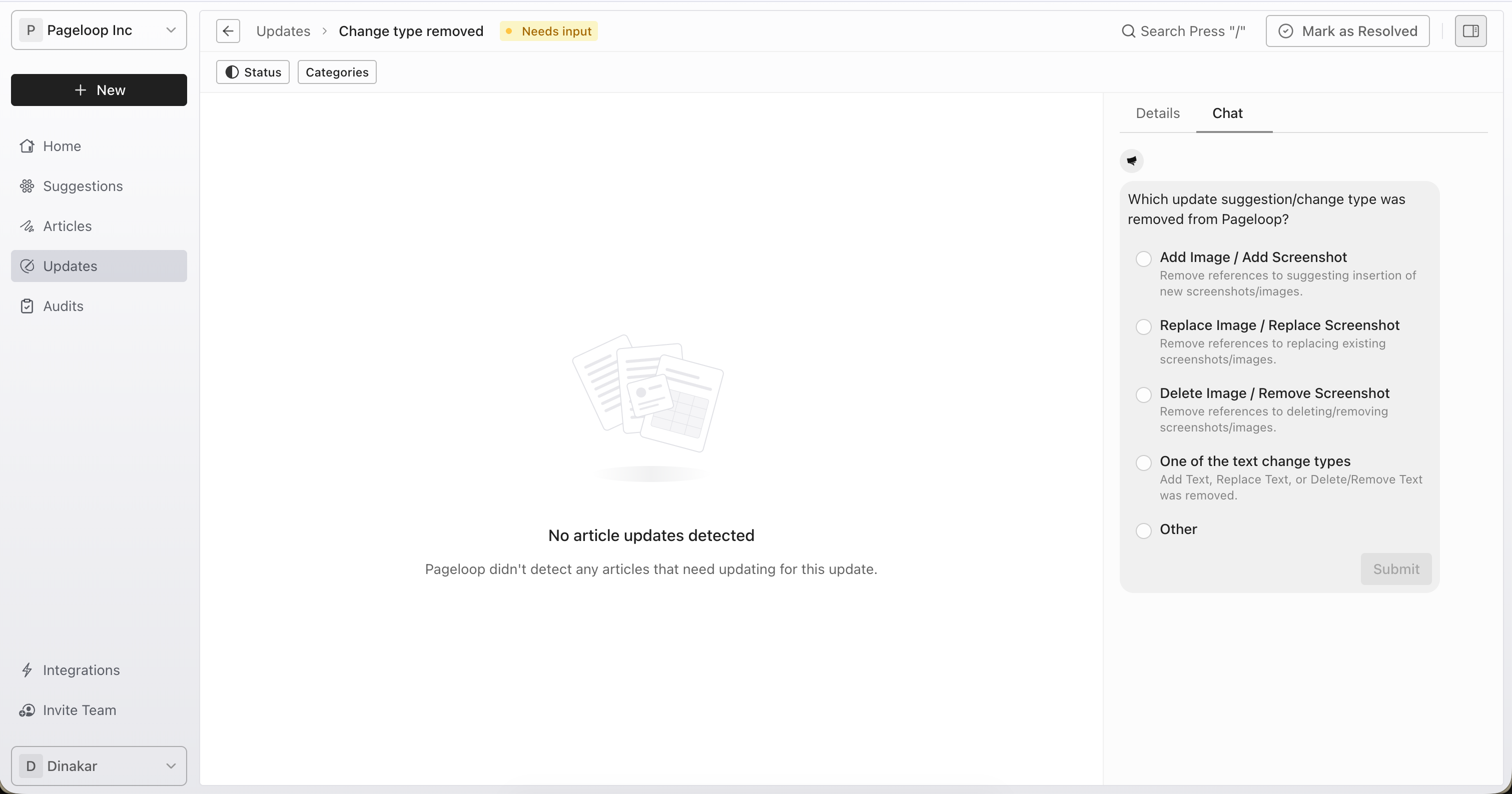 Update detail page opened to Chat with an unanswered Pageloop Agent question and Needs input status