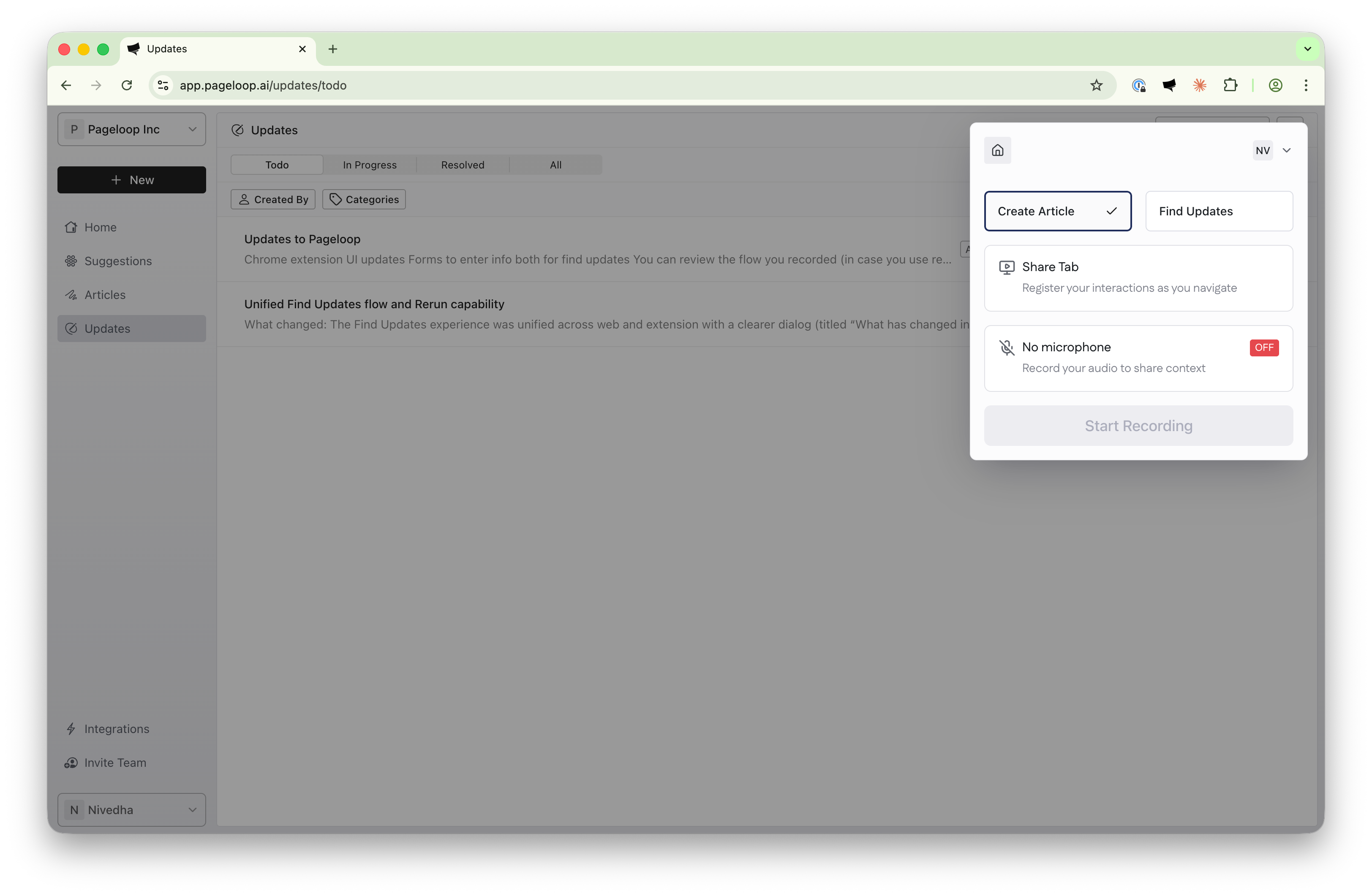 Pageloop Chrome Extension popup showing Create Article and Find Updates