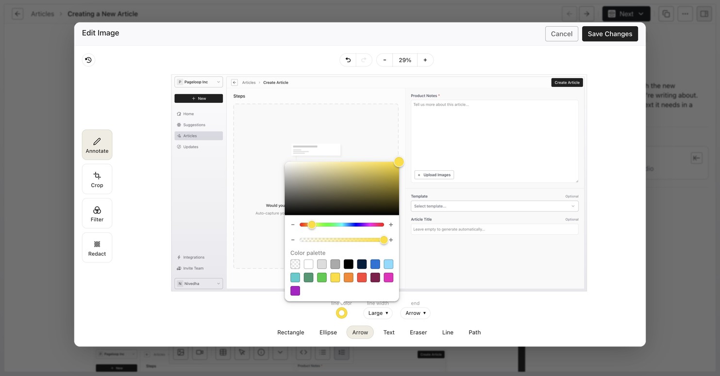 Pageloop image editor with Annotate tool selected, showing the annotation toolbar with Rectangle, Ellipse, Arrow, Text, Eraser, Line, and Path tools, along with a color picker and line width options