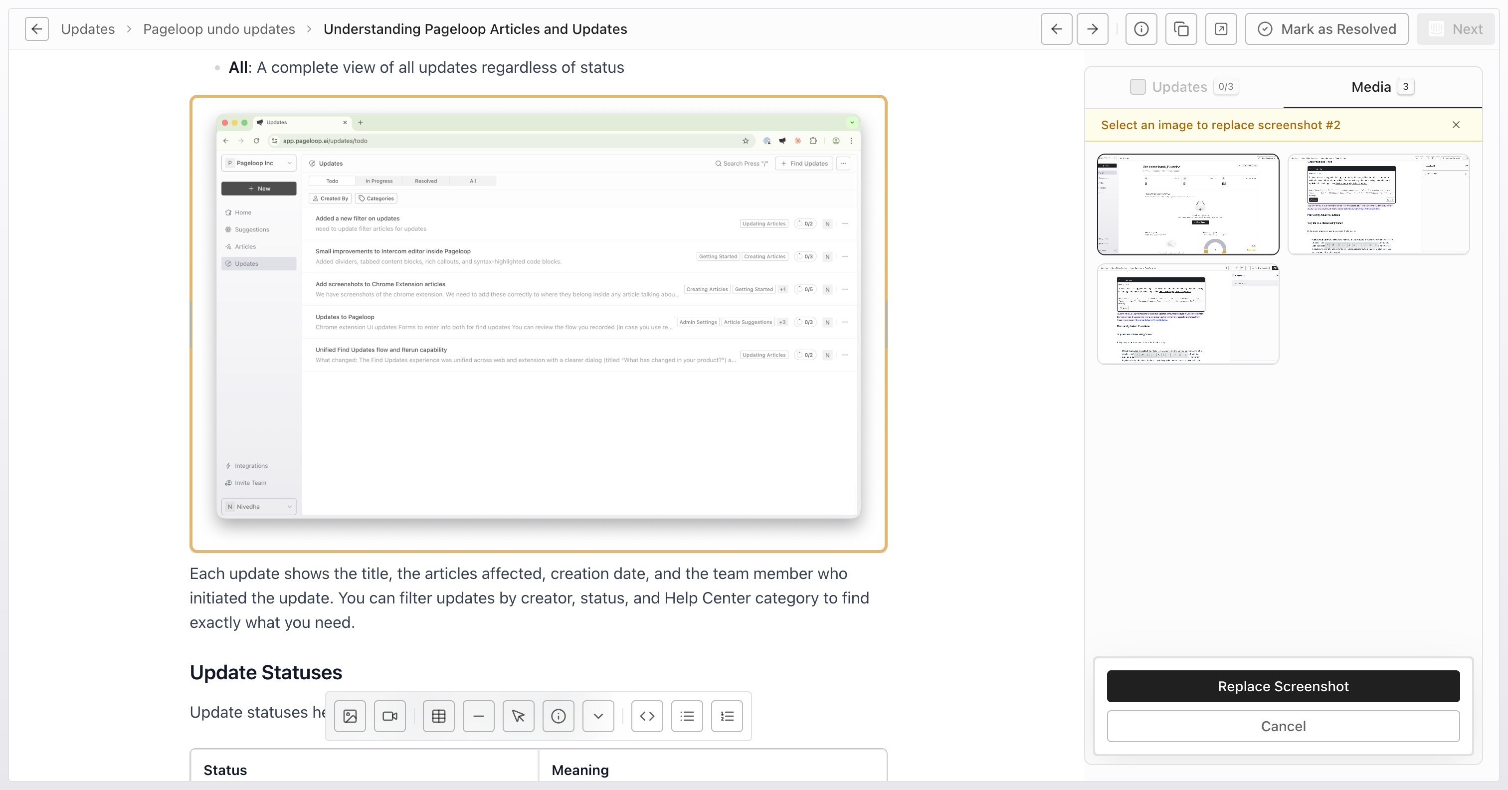 Media tab open for selecting a replacement screenshot and applying Replace Screenshot