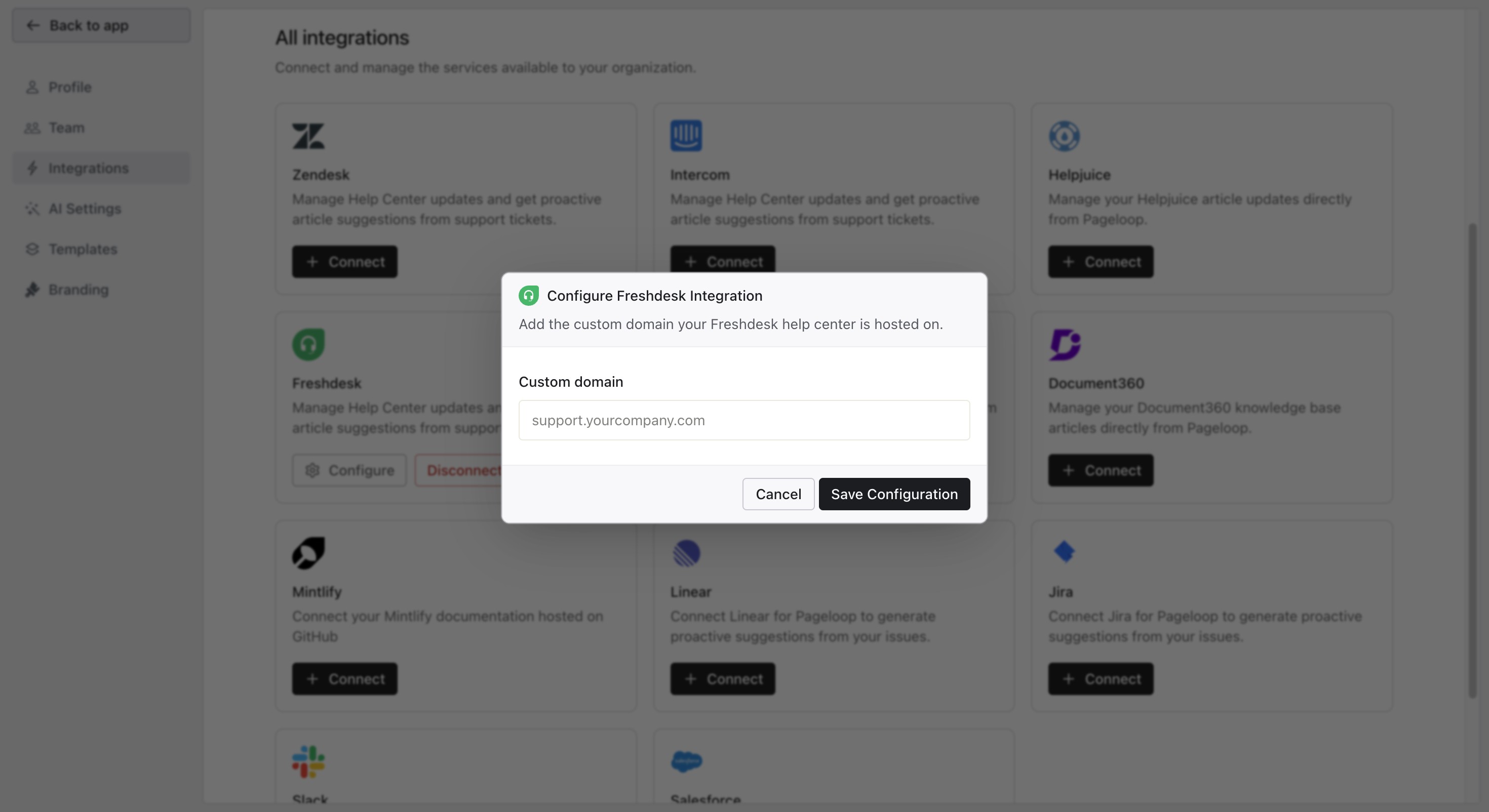 Configure Freshdesk integration modal with Custom domain field